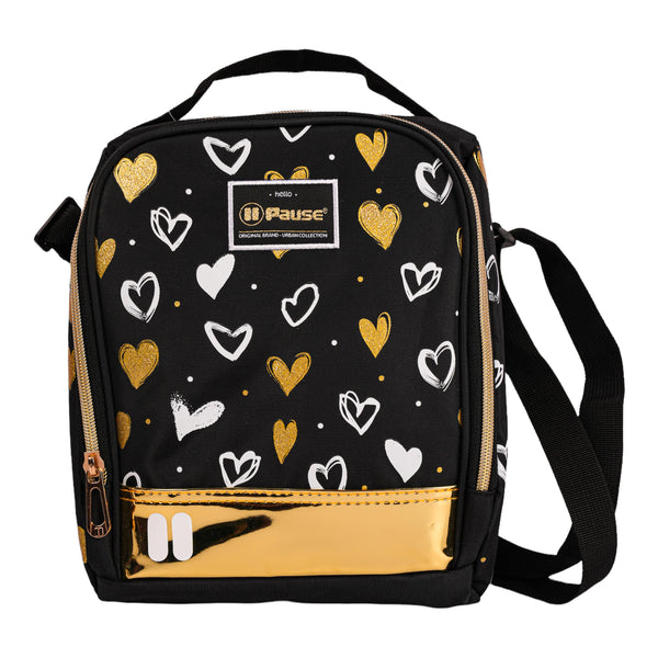 Black X Gold Hearts Pause Insulated Lunch Bag