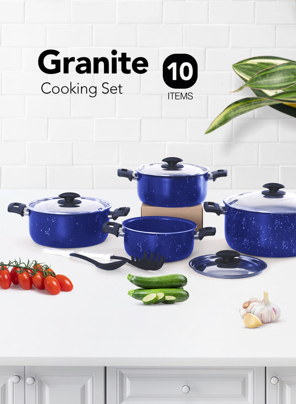 Grandi Cook Marble set 10 pcs Stewpot 16-18-22-26 + 2 Kitchen Tools Free Granite Blue