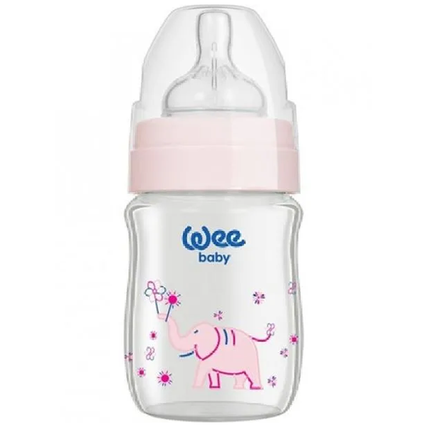 Wee Baby Pink Elephant Glass Feeding Bottle, 180 ml - Pink