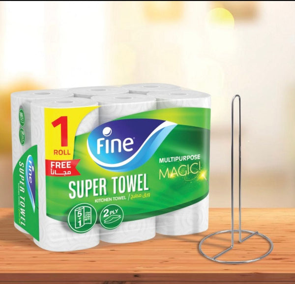 Fine Super Sterilized Kitchen Paper Towel | 6 Rolls | Free Metal Holder