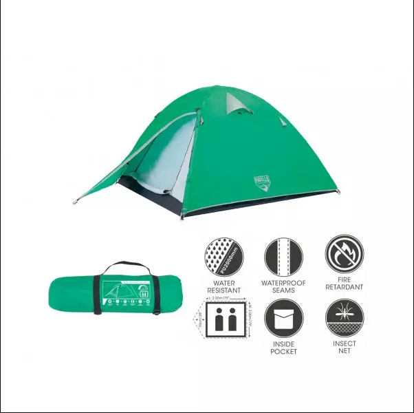 <p>
The Bestway Glacier Ridge X2 Tent is an ideal camping accessory for those who are looking for a reliable shelter. It is made from high quality polyester and waterproof polyester 190T, with a floor material of polyethylene and frame tubes made of fiberglass. It is designed to fit two adults comfortably, with its two-layer construction providing stability in windy conditions. The tent features a high-density, anti-insect mesh door and windows, as well as waterproof seams and fire retardant fabric. For add