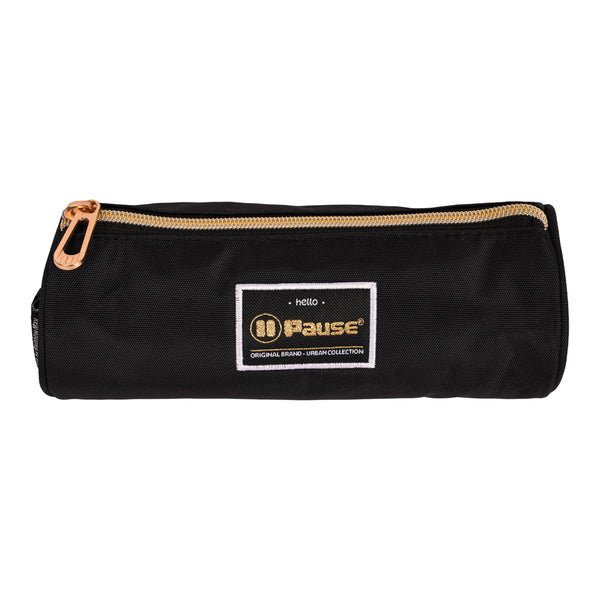 Black X Gold Hearts Pause Round Pencil Case