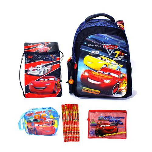 <p> 

This Cars Backpacks -16 Inch + 4 Gifts set is the perfect way to store all your important items in style! Made of high quality, and made in China, this offer contains 4 pieces: 1 Cars Backpack (16 inches), 1 Cars Lunch Bag, 1 Cars Rope Bag, 1 Cars Zippers File, and 1 Cars Pack of Wooden Pencils. The backpack has adjustable straps, a top handle, and a spacious main compartment, as well as two side pockets and a front pocket with a zipper. The lunch bag has a top handle and a zipper closure, while the r