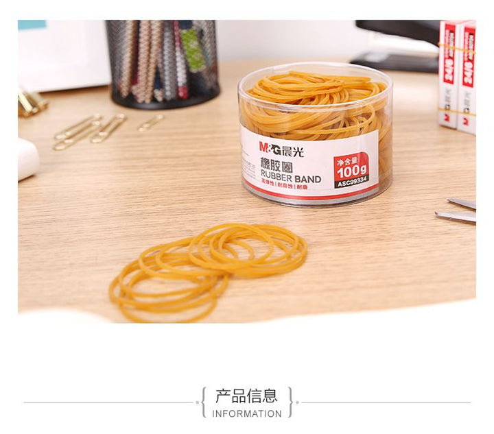 <p> 
The M&G Chenguang 100g rubber band rubber ring - No:ASC99334 is made of high quality materials and fully automatic production line manufacturing to ensure a stable quality product. It features a transparent golden color, making it both wear-resistant and not easy to break, with good elasticity and anti-aging properties. The packaging for the product is light and compact, making it economical and convenient for transportation. The rubber band/latex ring is strong and elastic, with high elongation and go