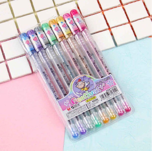 <p> 
The M&G New 1.0mm flash color gel pens 8 colors set - No:AGP13103 is an ideal choice for all your coloring and writing needs. This set of 8 pens is made of high quality materials and features a 1.0mm tip. The pull-out design ensures that the pen tip stays protected, preventing ink volatilization and prolonging its lifespan. The colors are bright and vibrant, and the writing is smooth and effortless. The ink won't break easily, allowing you to enjoy vibrant colors that last. Whether you need to color in