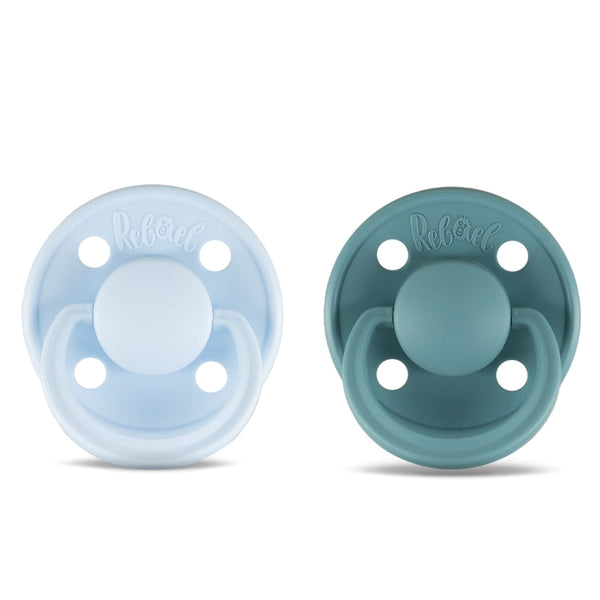 Rebael Mono Natural Rubber Round Pacifier | Pewter/Tiny Sky | Size 2 (6+M)
