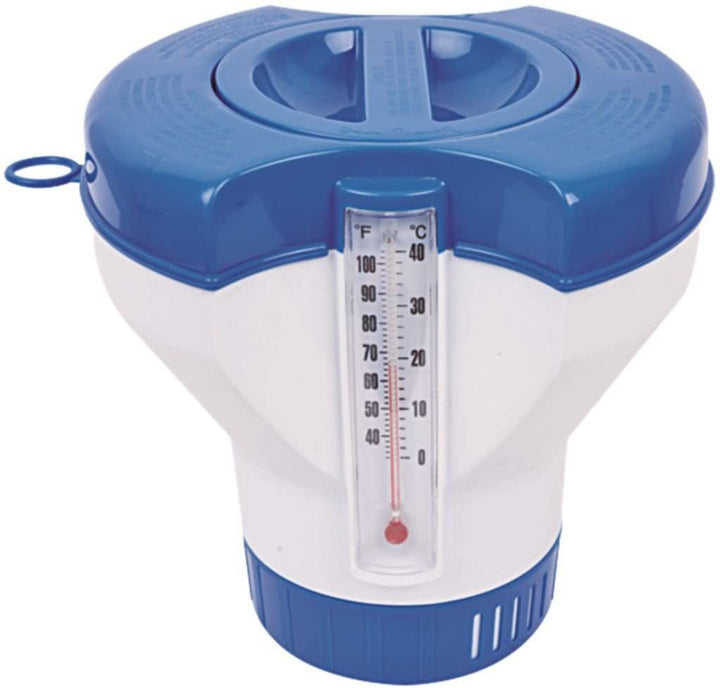 <ul>
<li><strong>Chlorine dispenser with float thermometer chlorine - No:290467</strong></li>
<li>Made in China</li>
<li>Made of high quality&nbsp;</li>
<li>Dispenser for tablets and granules 20g, 200g</li>
<li>It has a built-in accurate thermometer.</li>
<li>Display in Fahrenheit and Celsius</li>
<li>Accurate and clear water temperature measurement</li>
<li>Temperature scale from 0 to 40 degrees C</li>
<li>Adjustable water flow in 6 steps</li>
<li>Disinfectant quantity indicator</li>
<li>Safe closure</li>
