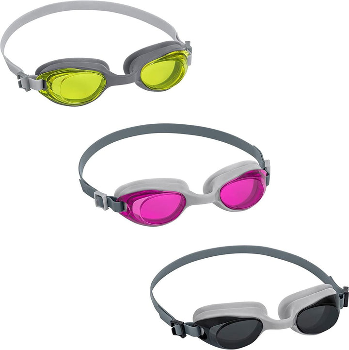 <p>

Stay safe and stylish in the water with the Bestway Activwear Swimming Goggles. These adult swimming goggles are made of high quality, anti-fog silicone and come in three assorted models. They are designed to provide a comfortable, water-tight fit and help protect your eyes from the sun and chlorine. The adjustable nose bridge and adjustable head strap allow for a customized fit for any face shape or size. With UV protection and an anti-fog coating, these goggles are perfect for any swimmer looking for