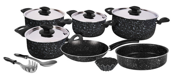 Grandi Cook Marble set 11 pcs Stewpot 16-18-20-26+Frypan 20 +Round Oven tray 22+Broush 14+ 2 Kitchen Tools Free Granite Black