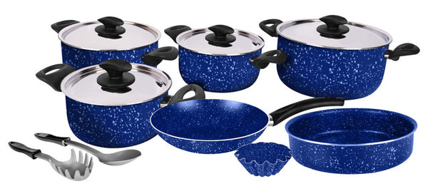 Grandi Cook Marble set 11 pcs Stewpot 16-18-20-26+Frypan 20 +Round Oven tray 22+Broush 14+ 2 Kitchen Tools Free Granite Blue