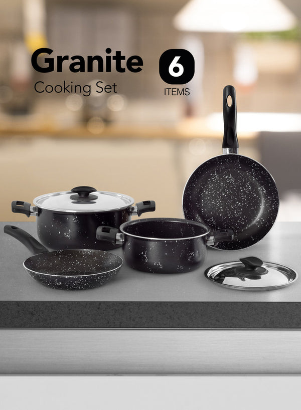 Grandi Cook Marble Blus Set 6Pcs Stewpot 20-24 + Frypan 18-22 Stainless Cover Granite Black