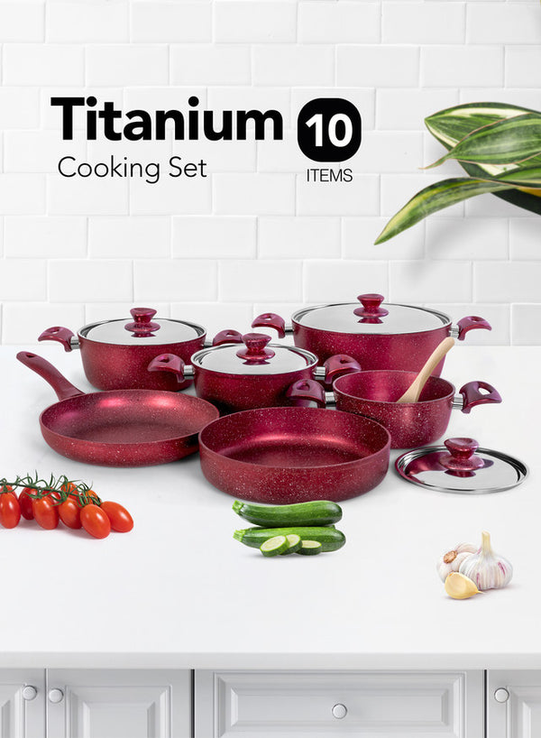 Grandi Cook Titanium set of 10 pcs Stewpot 18-20-22-28 + Frypan 26 + Round Oven tray 26 Granite Red