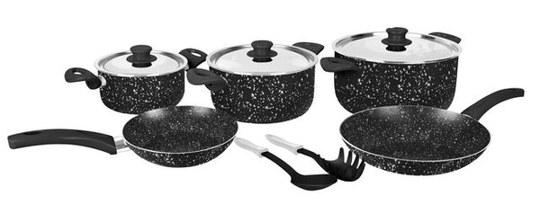 Grandi Cook Marble set 10 pcs Stewpot 16-22-26 + Fry Pan 20-22 + 2 Kitchen Tools Free Granite Black