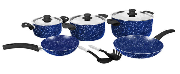 Grandi Cook Marble set 10 pcs Stewpot 16-22-26 + Fry Pan 20-22 + 2 Kitchen Tools Free Granite Blue