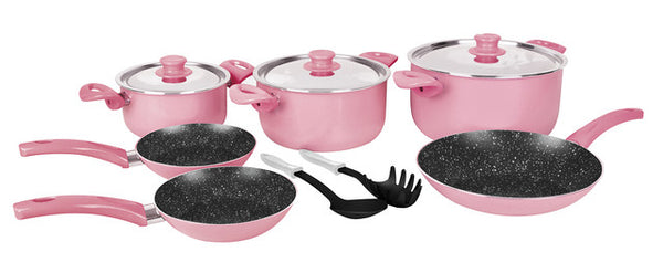 Grandi Cook Pop set 11 pcs Stewpot 16-20-26+ Fry Pan 20-22-26 + 2 Kitchen Tools Free Pink And Granite Black