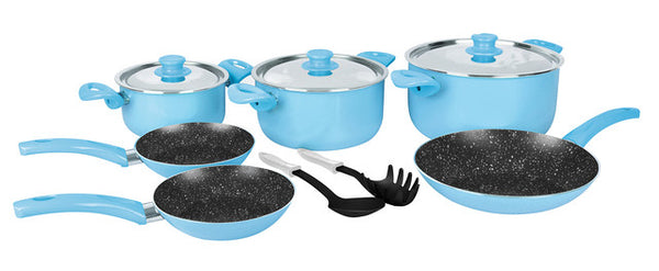 Grandi Cook Pop set 11 pcs Stewpot 16-20-26+ Fry Pan 20-22-26 + 2 Kitchen Tools Free Baby Blue And Granite Black