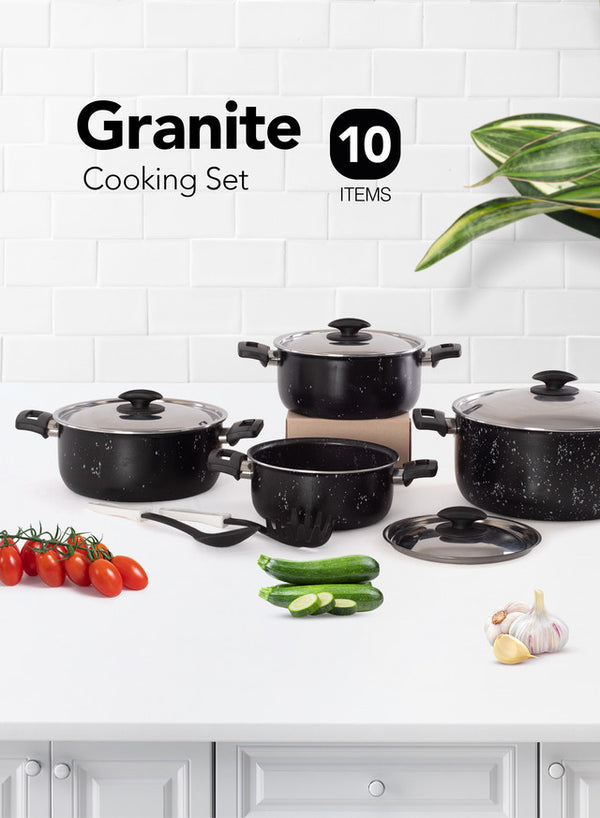 Grandi Cook Marble set 10 pcs Stewpot 16-18-22-26 + 2 Kitchen Tools Free Granite Black