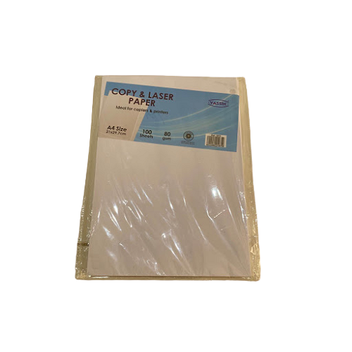 <p>
This Yassin Pack of 100 White Copy Paper A4 80gsm is made in Egypt, in our facility, using high-quality materials. It is suitable for home and office use, and it is good for copiers and printers. The paper is white, with an A4 size, and it is 80gsm thick. Additionally, it includes 100 sheets, which are perfect for when you need to print multiple copies. This white copy paper is ideal for a range of uses, such as printing out documents, reports, and letters. It is also great for making flyers, brochures,