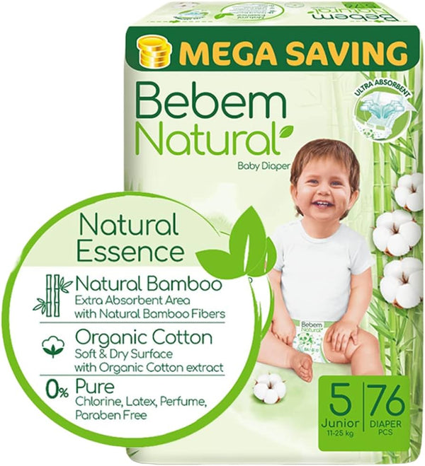 Bebem Natural Size 5 Junior Diapers Jumbo 11-25 KG | 76 Diapers