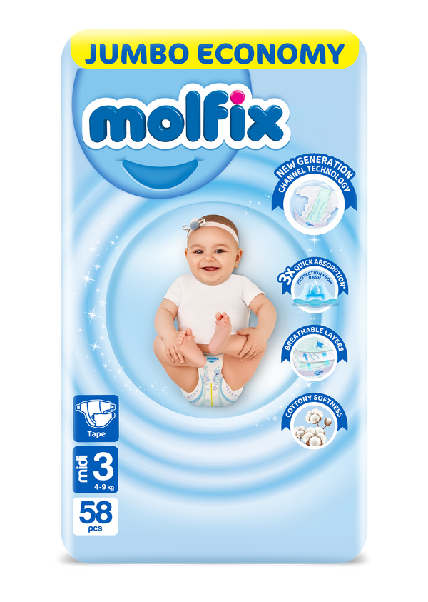 Molfix Midi Size 3 Jumbo Pack Diapers - 4-9 kg - 58 Diapers
