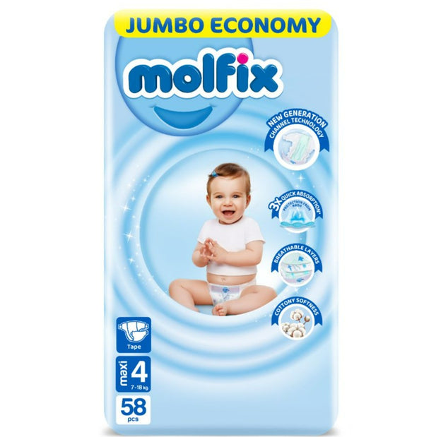Molfix Maxi Size 4 Jumbo Pack Diapers - 7-18 kg - 58 Diapers