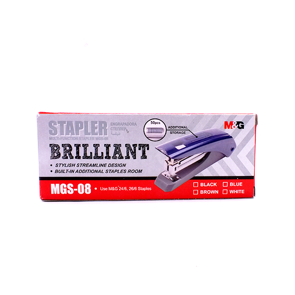 <p> The Brilliant Stapler No:2677 is the perfect choice for anyone looking for a reliable, high-quality stapler. This versatile stapler features a built-in additional terminal block at the top, allowing you to staple up to 50 staples of types 24/6, and 26/6. With a stylish and practical design, this Brilliant Stapler is available in four colors: blue, black, white, and brown. Its compact and portable size of 13 x 2 x 5 cm (l / w / h) make it an ideal choice for both home and office use. With its reliable pe