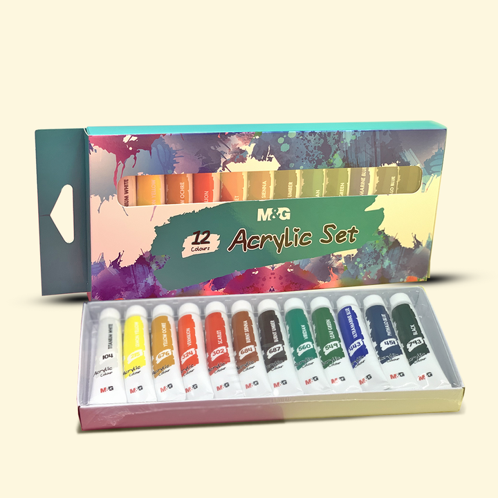 <p>

M&G Acrylic paints 12 ml - set of 12pcs - No:APLN6594 is the perfect way to unleash your inner artist. This set of 12 paints is made of high quality, advanced production methods, and high quality pigments. They are environmental friendly and provide excellent coverage. The paints are quick drying and require no solvents to clean. This set of acrylic paints is suitable for a variety of surfaces, including canvas, fabric, paper and wood. 

Our acrylic paints offer great lightfastness and a glossy finish.