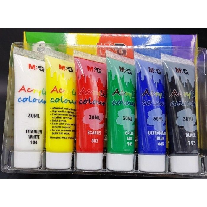 <p>
This M&G Acrylic Basic Colours 30Ml 6 Pcs Set - No:APLN6597 is a great choice for any artist who wants to create vibrant and beautiful artwork. The set includes six tubes of high-quality, water-based acrylic paints that are made in China. The paints have a creamy consistency and a high pigmentation, allowing for excellent coverage and color blending. The paints are lightfast and have a glossy finish, so your artwork will have a professional look. They are also suitable for use on various surfaces, such 