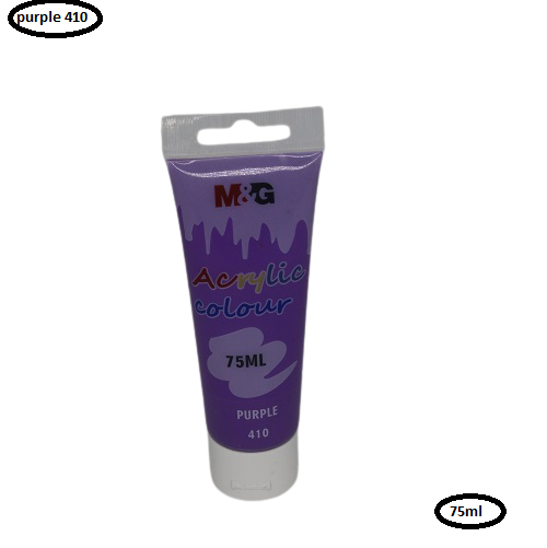 <p>
M&G Acrylic Colour Tube Purple (410) 75 ML No: APLN6598 is made in China with advanced production methods and high quality pigments. It is an environmental friendly and no solvents required product that is suitable for use on canvas, fabric, paper, and wood. It is an ideal medium for both amateurs and professional painters. 

This acrylic colour tube is made with high quality pigments that offer superior coverage. It is easy to use and dries quickly. The colour is fade resistant and can be used to creat