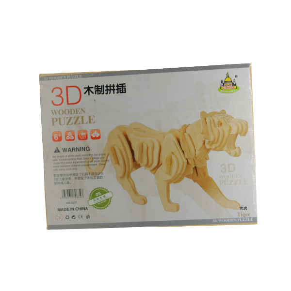 <p> 
This Tiger 3D Wooden Puzzle is a great way to challenge yourself and pass the time. It is made of high quality wood, with intricate pieces that must be carefully placed together to form the tiger shape. The shape of some of the pieces make this toy unsuitable for children under 3 years of age and should be used under the direct supervision of an adult. To clean, use a damp cloth only, and avoid using window cleaners, sprays, alcohol, ammonia, or other chemical cleaners. To maintain the puzzle, the wood
