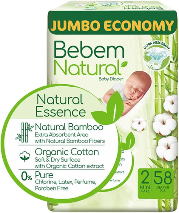 Bebem Natural Size 2 Mini Baby Diapers Jumbo | 3-6 KG | 58 Diapers