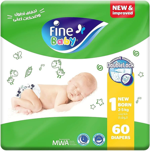 Fine Baby Double Lock Newborn Size 1 Diapers - 2-5 KG - 60 Diapers