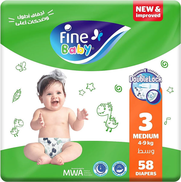 Fine Baby Double Lock Size 3 Medium Diapers - 4-9 KG - 58 Diapers