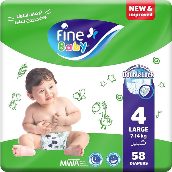 Fine Baby Double Lock Size 4 Large Diapers - 7-14 KG - 58 Diapers