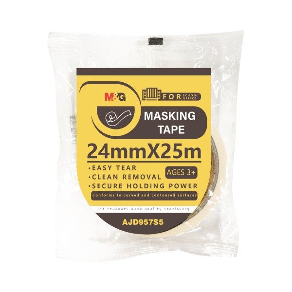 <p>  M&G Masking Tape 24mmx25m No: AJD957S5 is made in China with high quality materials. It is suitable for home, school and office use, allowing students to have quality stationery. It measures 24mm x 25m and is easy to tear and remove cleanly from all surfaces. It has secure holding power, and can be used on curved and contoured surfaces. It is perfect for a variety of projects, from arts and crafts to painting and wallpapering. The design is highly durable and can be used in a variety of applications, m