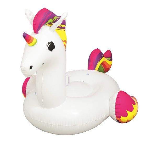 <p>

The Bestway Inflatable Unicorn Ride-on is a fun and unique way to enjoy some fun in the sun. This bright and colorful ride-on measures 224x164cm and is made from high quality materials. It features safety valves, a sturdy pre-tested vinyl, and heavy-duty handles to ensure maximum safety and enjoyment. To make sure your ride-on lasts, a heavy-duty repair patch is included. This unique rainbow unicorn design is sure to bring smiles and laughter to everyone who enjoys it. With its fancy shapes, unique des