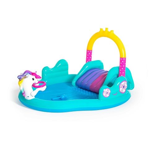 <p> 
The Bestway Magical Unicorn Carriage Play Center 2.74m x 1.98m x 1.37m is an ideal choice for your children's summer fun. This inflatable pool-playground is made of high quality PVC material in vivid colors which is soft and durable. It has a water fountain connected to a garden hose, a double slide with a landing cushion, and 6 play balls. Additionally, it also includes a unicorn aiming ring which is perfect for hours of entertainment. It has a capacity of 220L and is suitable for children of +2 years