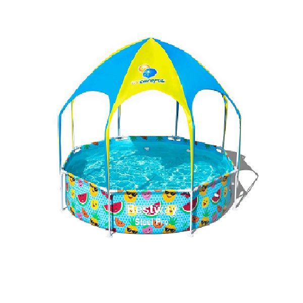 <p>

The Steel Pro UV Careful 2.44m x 51cm Splash-in-Shade Play Pool is the perfect way to stay cool in the summer! This framed pool is round in shape and has a capacity of 1688 L. It features a sunshade and a maximum water level of 45.7 cm. The frame is constructed from steel for extra durability and the inner wall is made of PVC for a strong and sturdy structure. The pool comes with a 3.2 cm hose diameter and an easy to assemble design that takes only 10 minutes to set up. The package includes a repair pa