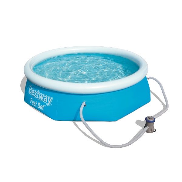 <p> 
 
The Bestway 2.44m x 66cm Fast Set Pool Set is a great way to bring the fun of swimming to your backyard. This aboveground swimming pool kit is made from high quality materials and is designed for easy installation - usually taking no more than 10 minutes with two or three people. The set comes with a filter pump, repair patch and is CE, TÜV Rheinland, 220-240 ̴ 50Hz, 16W compliant. With a capacity of 2300L/608gal, this pool is the perfect size for a family gathering or just a quick dip. The integrate