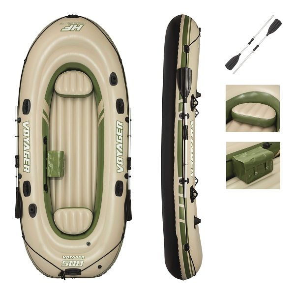 <p> 

The Bestway 3.48m x 1.41m Voyager 500 is an inflatable boat perfect for travel and recreational activities. It is made from high-quality pre-tested PVC material, which is durable and strong. It has a deflated size of 3.61m x 1.65m (142” x 65”) and an inflated size of 3.48m x 1.41m (137” x 56”). It has quick inflation/deflation screw valves for easy setup and breakdown. It also features a 360° grab rope with built-in grommets, a convenient storage space, and inflatable floor and seat cushions for extra