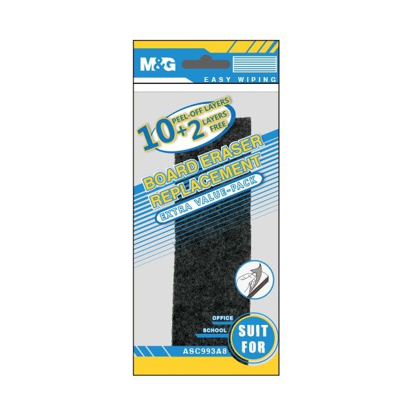 <p>

The M&G Board Eraser Replacement 10+2 Layers No:ASC993A8 is the perfect tool for any classroom, office or home. This eraser is made from high quality materials and is made in our facility in China. It features 12 peel-off layers, allowing for easy wiping on both whiteboards and blackboards. The replaceable design makes it easy to recycle the wood handle and keep the eraser in its best condition. The 10+2 layers make it easy to quickly erase any dry erase markings, while the replaceable design allows yo