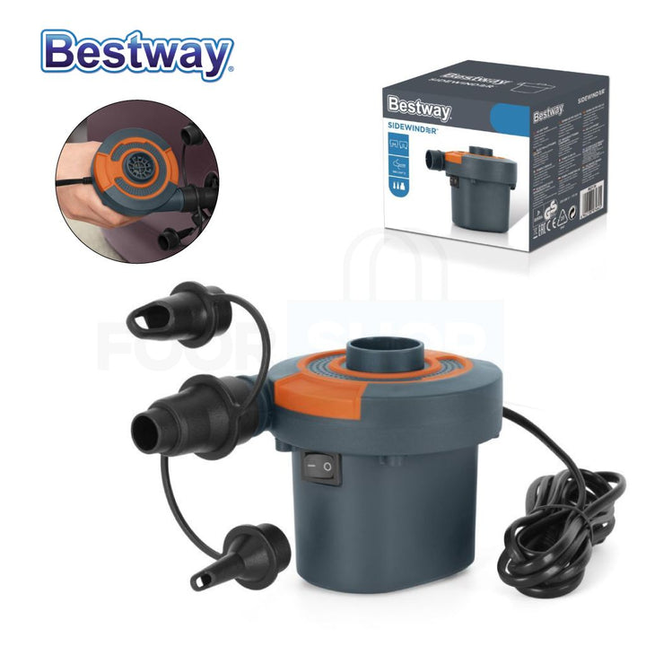 <p>
The Bestway Electric Sidewinder AC Mains Air Pump 220-240V is the perfect alternative to manual inflation when inflating your inflatable pool accessories and air beds. This electric pump comes with a voltage of 220-240V, and with three valve adaptors, it can be quickly connected to a variety of inflatables. Simply press the inflation switch and watch the rapid inflation! The pump also has a deflation function which makes it easy to take down and pack away your inflatable products for storage. The lightw