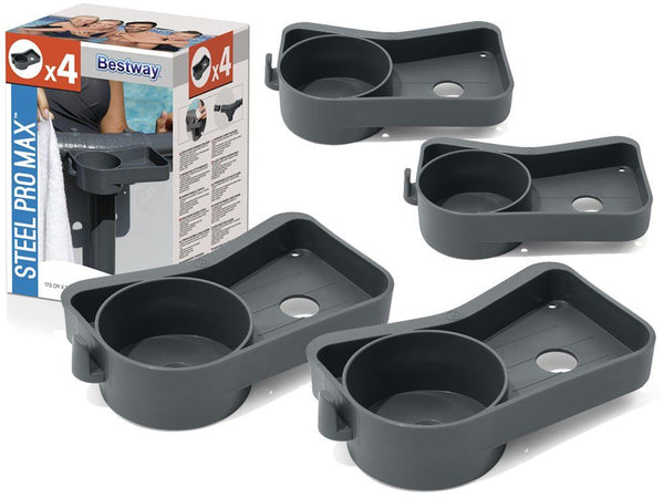 <p> 
This Bestway Pack of Above Ground Pool Cup Holder Set – 4pcs – No:58641 is a great way to keep all of your poolside essentials close at hand. Made of high quality polypropylene, these cup holders are strong and durable, and able to withstand the rigors of poolside use. The set includes four cup holders that can accommodate cans, bottles, or glasses, plus a tray for small items like utensils, sunscreen, and cell phones. There's also an integrated hook for hanging towels, t-shirts, or hats. The holders a