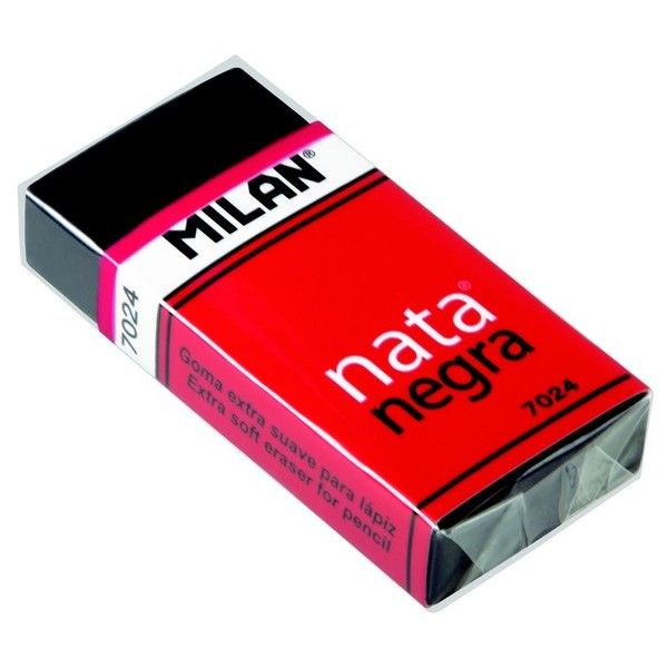 <p> 
The Milan Black eraser Nata Negra No: 7024 is an essential item for school supplies. It is made in Egypt with high quality materials, ensuring a durable and reliable product. This eraser has an extra soft texture and provides strong absorption power, making it ideal for use with oily mines. It does not stain the paper, and is individually wrapped in cellophane paper for maximum protection. It measures 5x2.3x1 centimeters, making it easy to store in a pencil case or backpack. The black eraser is perfect