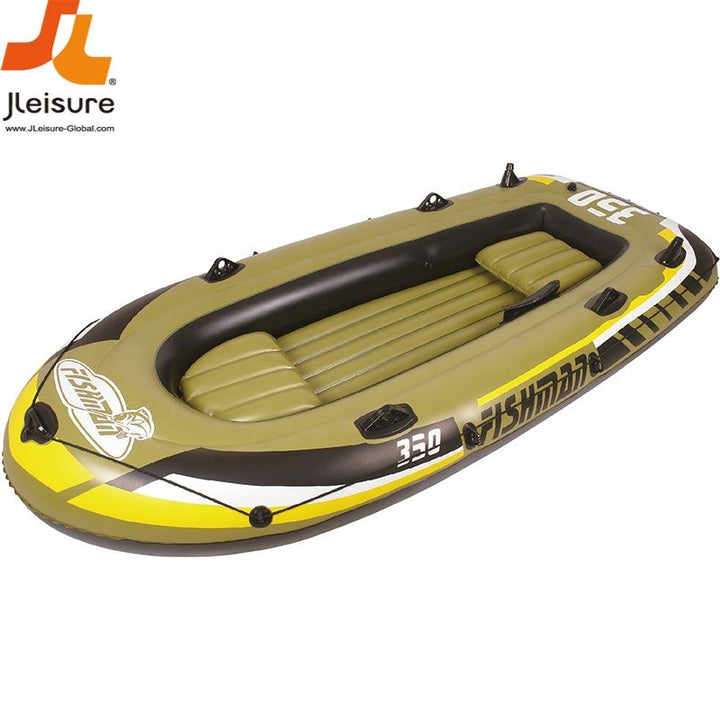 <p>

The Jilong Sunclub FISHMAN 350 Boat Set is a high quality and durable inflatable boat that is perfect for outdoor water sports and pool activities. It is made of heavy duty PVC film with a maximum load weight of 340 kg, making it suitable for three people. The boat has two main chambers on the hull for extra security and a fast inflate deflate valve for easy setup. It also has an all-around grab rope and an inflatable floor for comfort and rigidity. The boat is equipped with welded oarlocks and an oars