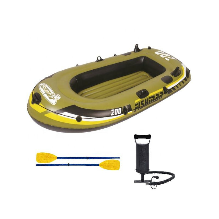 <p>

The Jilong FISHMAN 200 Boat Set is an essential tool for anglers who want to go fishing in the wild. This inflatable boat set is made of high quality EN 71, ASTM & CE standard, Phthalate Free PVC material and is designed for maximum comfort and rigidity. It features a heavy duty PVC film for added protection, and two main chambers on the hull for extra security. It also comes with a fast inflate deflate valve, an all-around grab rope, and an inflatable floor for comfort and stability. Additionally, it 