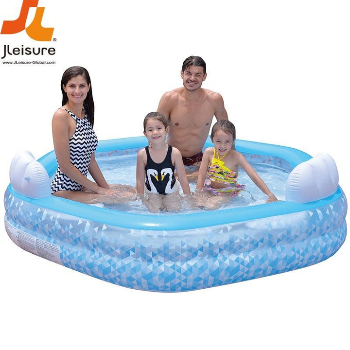 <p> 
The Jilong Sunclub Giant Hexagon Family Pool, No:57161, is the perfect addition to your backyard, allowing you and your family to relax and enjoy the summer days. Made from high-quality material, this pool is large enough to accommodate up to six people. It has a wall height of 45cm (17.5”) and a water capacity of 155 gal (590L). The pool set includes three seats with backrests in the corners, three cup holders, and a repair patch should any punctures occur. 
This pool is great for kids six years and o