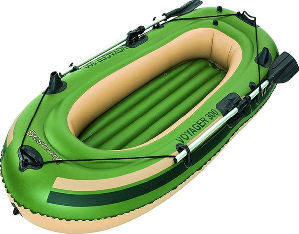 <p> 
The Bestway Voyager 300 high speed boat 2 person Inflatable raft- No:65051 is the perfect choice for a fun, safe, and affordable way to get out on the water. This inflatable raft is made of high quality, pre-tested vinyl and features quick inflation/deflation screw valves, a safety valve, and three air chambers for extra stability. The integrated fishing rod-holders make it perfect for a day of fishing, and the all-around grab rope with built-in grommets make it easy to get in and out of the water. The