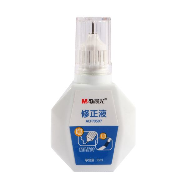 <p> 

The M&G Chenguang Metal Tip Correction- 18ml - No:ACF70507 is a high quality correction fluid made in China. It features a double head design with 18ml of correction fluid, making it ideal for correcting font usage. The main ingredients of this product are methylcyclohexane and titanium dioxide, which allow for easy and precise corrections. To use this product, shake it evenly before use and then simply align the pen tip to the part that needs to be modified. It is important to note that this product 