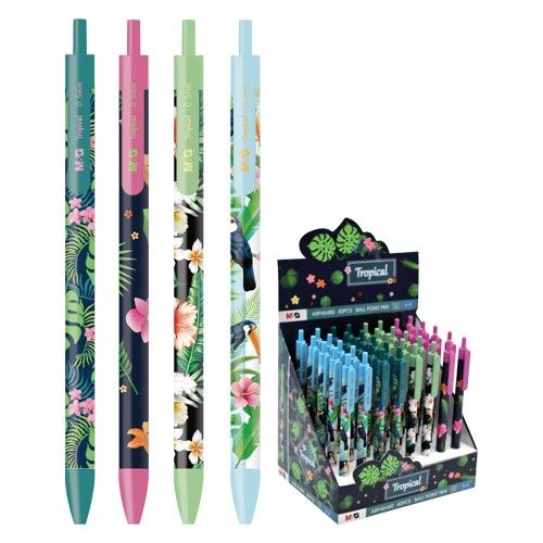 <p> 
M&G Tropical Floral Ballpoint Pen No: ABP46480 0.5mm - 1pcs is a high quality pen made in our facility with a tropical floral pattern. It features a plastic feather body and a push-button with a ball diameter of 0.5mm. The ink color is blue and it comes in 4 different patterns, light blue, green, dark blue or pink. You can specify your preferred pattern in the comment box. It is an affordable pen with a unique design that has good quality and fancy shapes. It is the perfect product for stationery and M